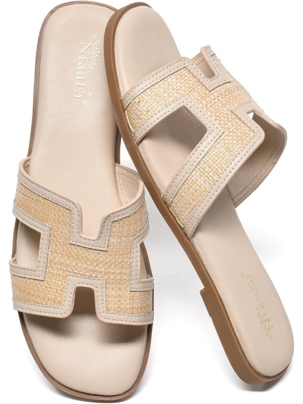 NianEr Women's Nude Leather Comfortable Casual Summer Flats Sandals Shoes